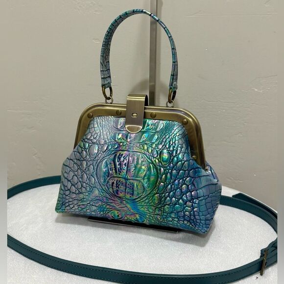 Iridescent Croc-Embossed Leather Handmade Retro Push Lock Multi Use Handbag - Picture 1 of 17